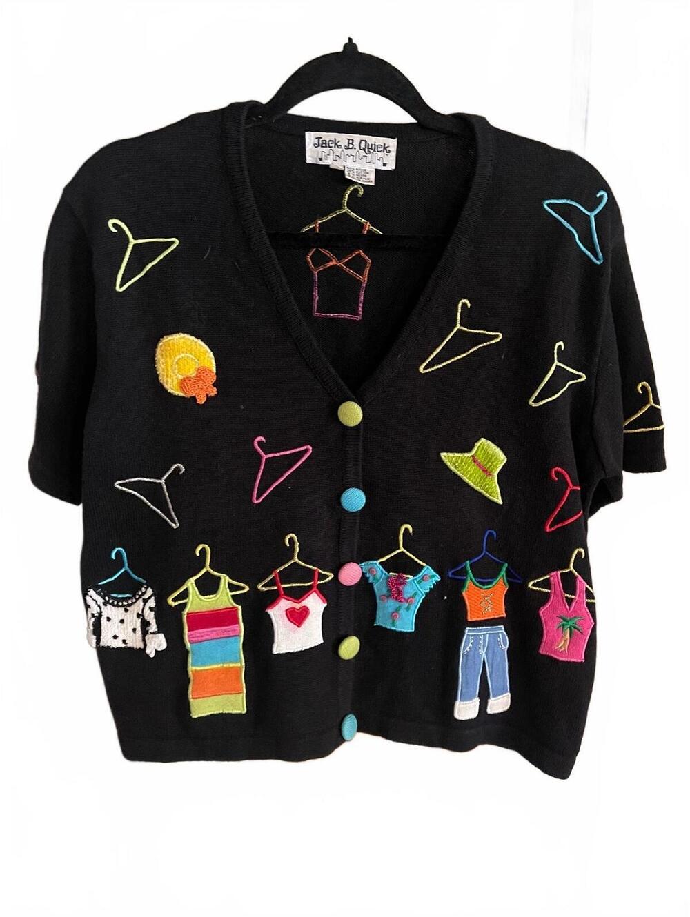 Jack B. Quick Black Cardigan Sweater with Colorful Embroidered Clothing and Hang
